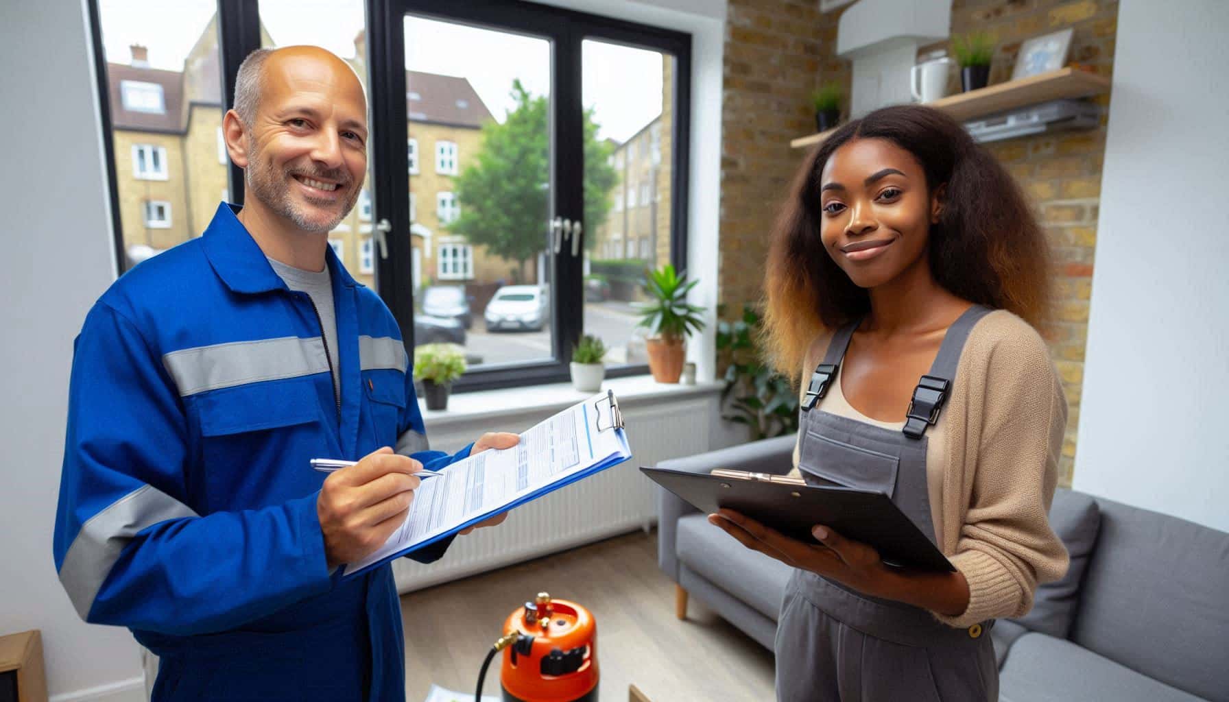 Gas Safe engineer and London landlord reviewing gas safety certificate to avoid landlord fines