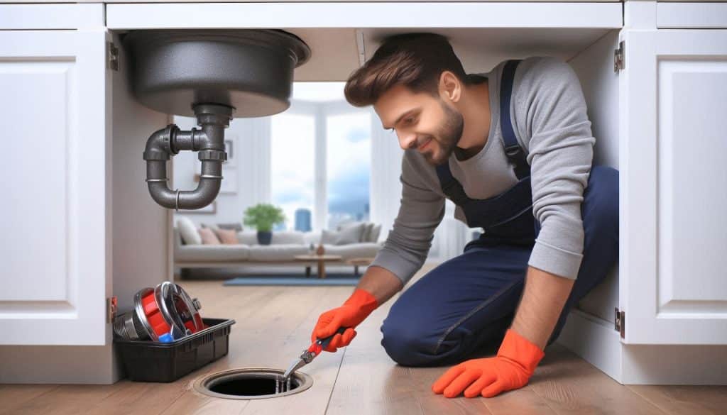 Plumber fixing a blocked drain in a London flat