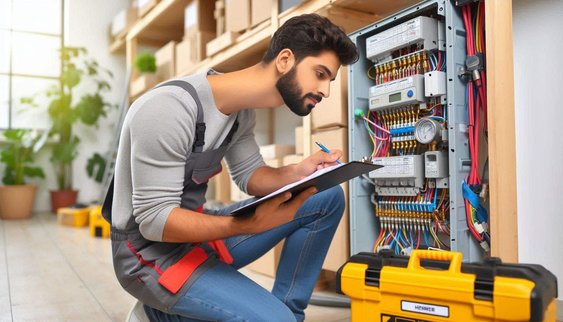 Certified electrician checking fuse box during EICR inspection in London