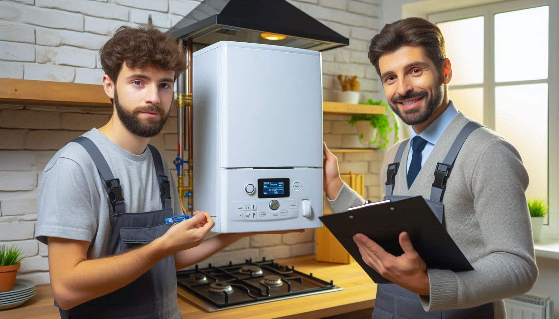 Landlord inspecting a modern boiler