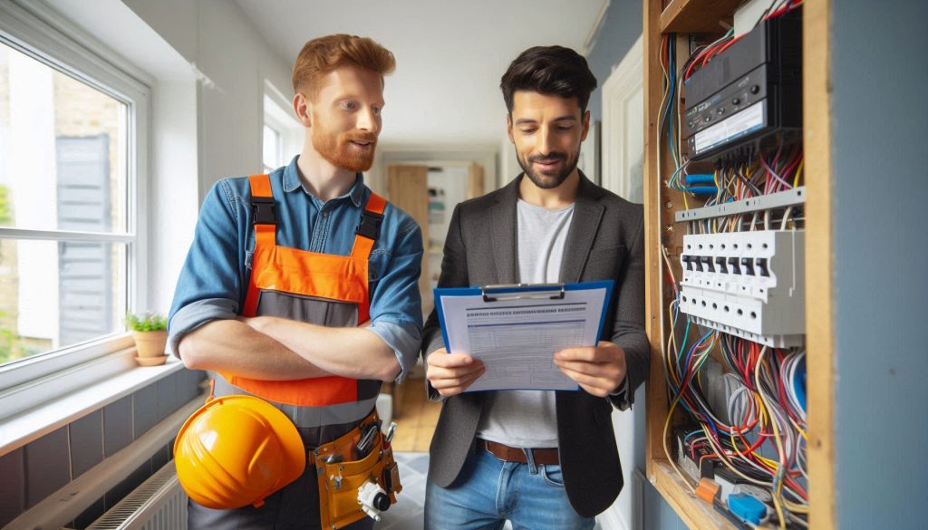 London landlord discussing failed EICR solution with a professional electrician