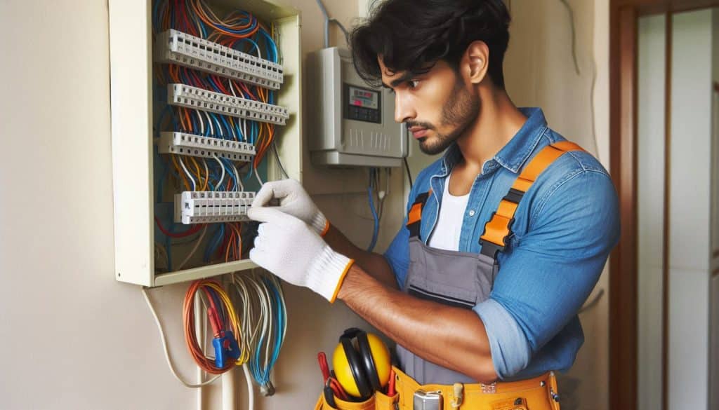 Electrician performing EICR inspection in London flat