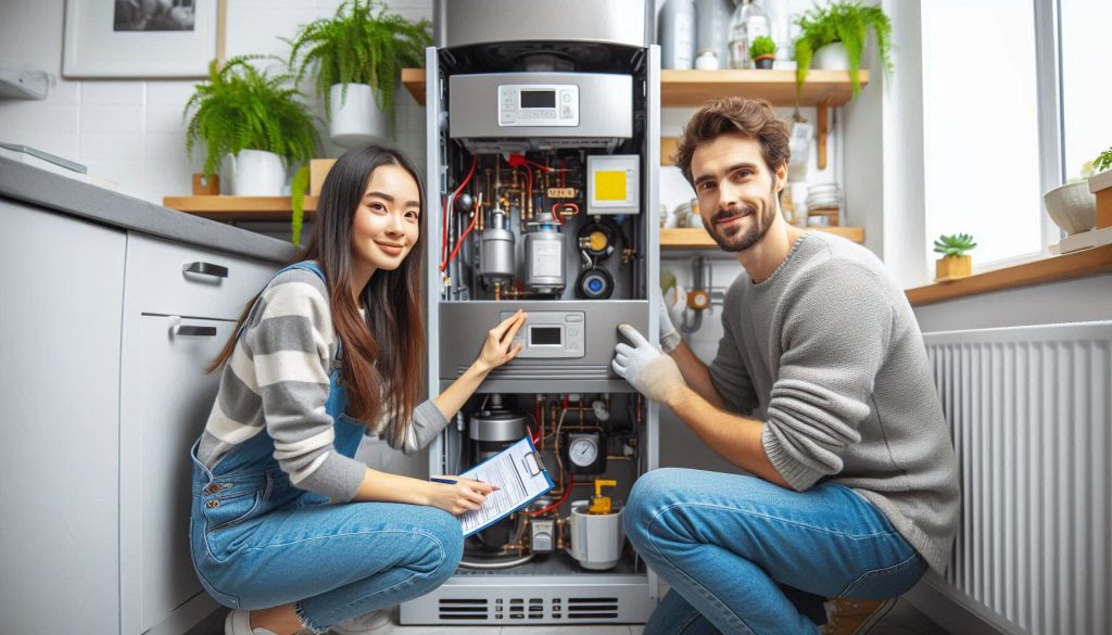 Homeowner checking boiler pressure as part of maintenance tips in London