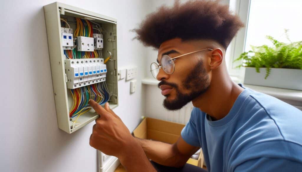 Certified electrician performing electrical inspection in London