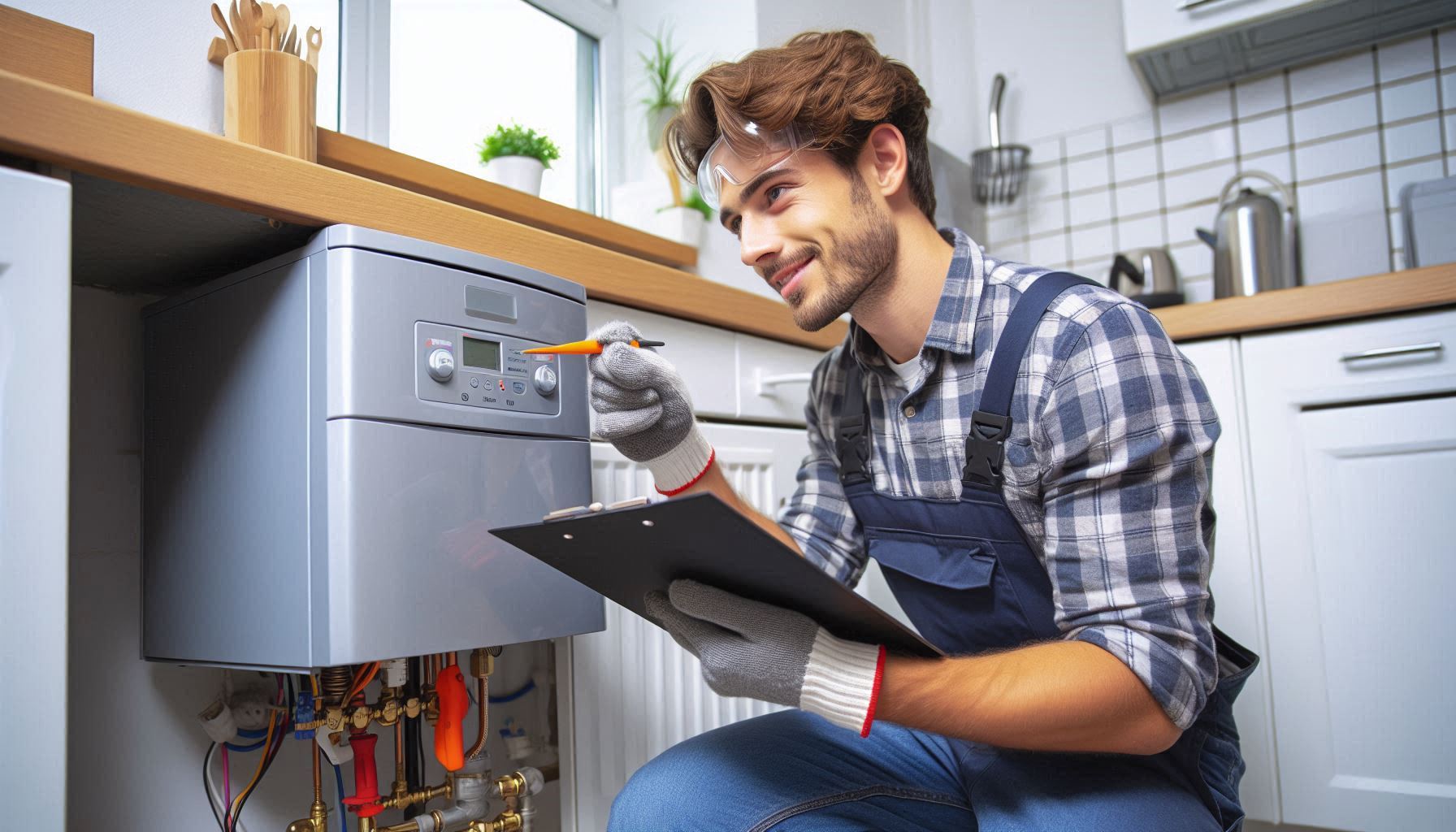 Gas engineer inspecting boiler for landlord safety certificate in London