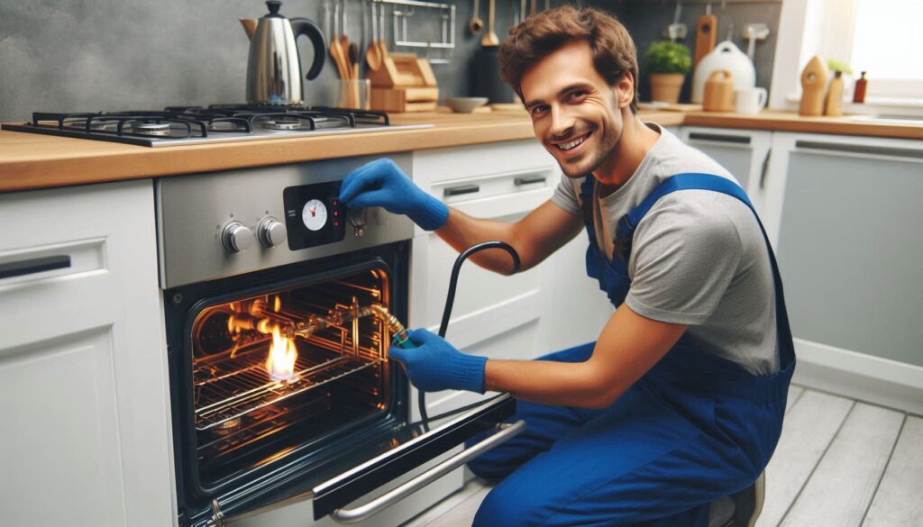 Gas Safe engineer inspecting a cooker in a London rental property
