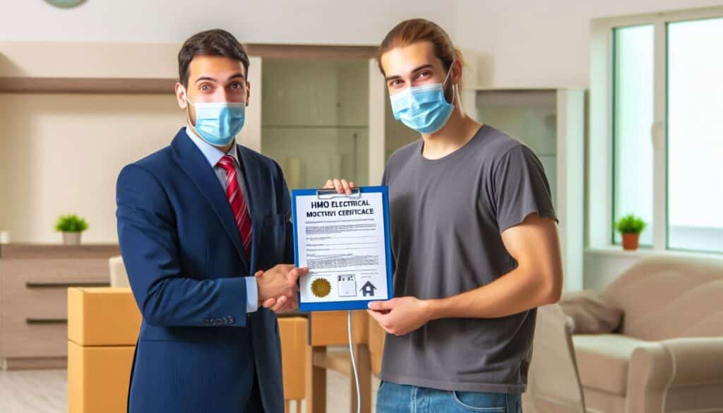 Landlord handing over valid HMO electrical certificate to a new tenant