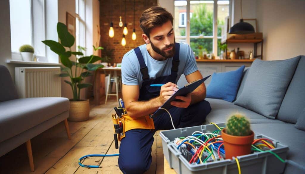 Engineer performing combined boiler and electrical inspection as part of London landlord deals