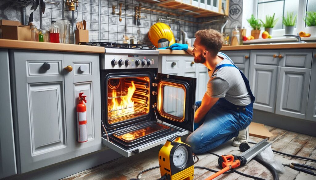 Gas engineer testing appliances for appliance compliance UK in a furnished rental