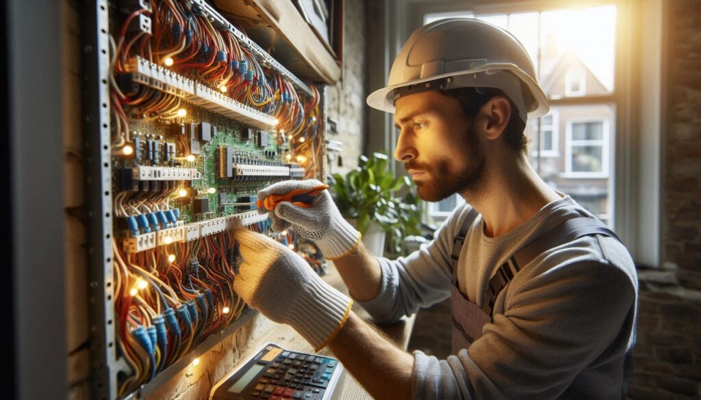 Electrician checking sockets for electrical overload safety in a London rental home
