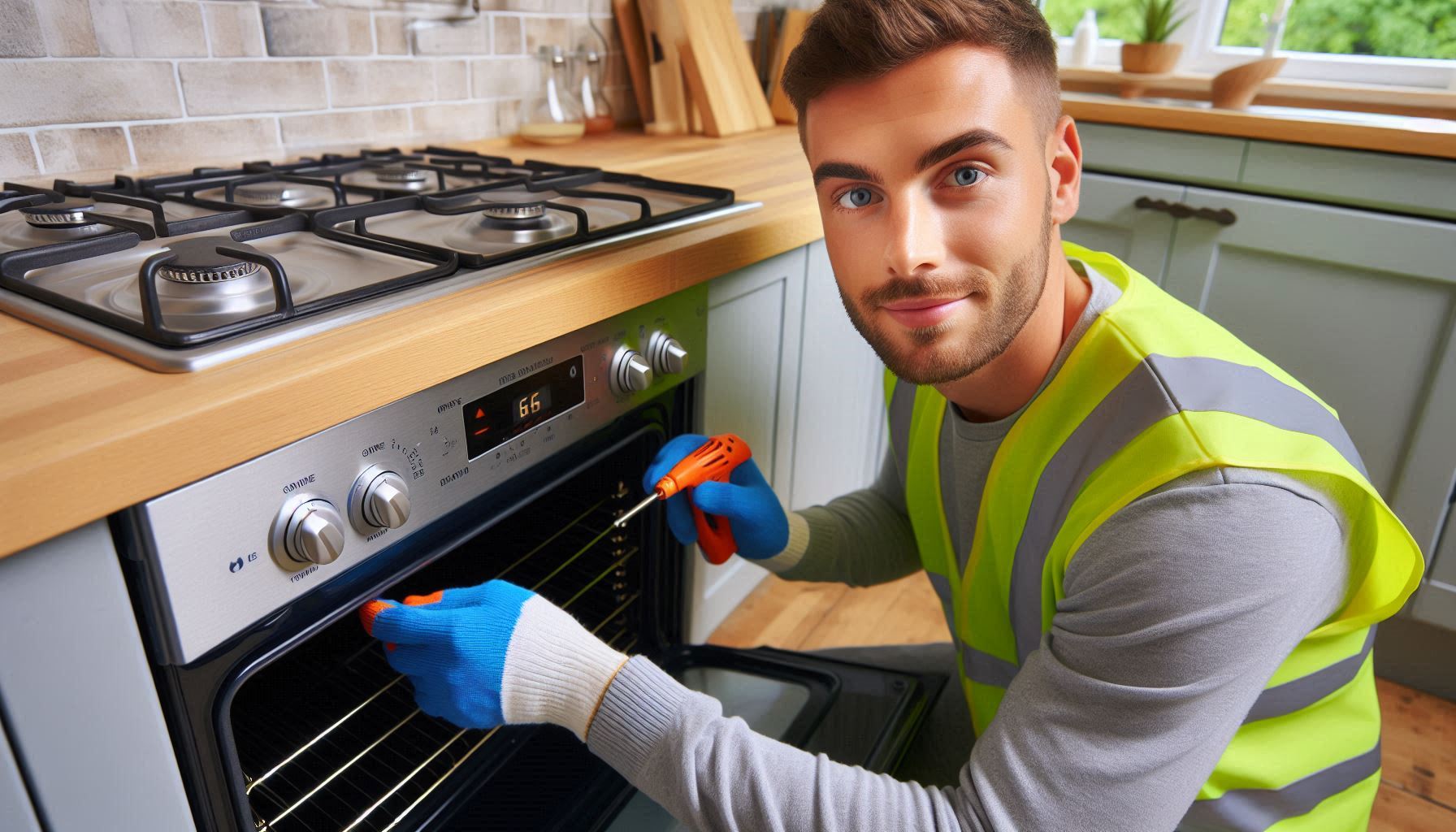 Gas engineer checking gas ventilation standards in a London kitchen
