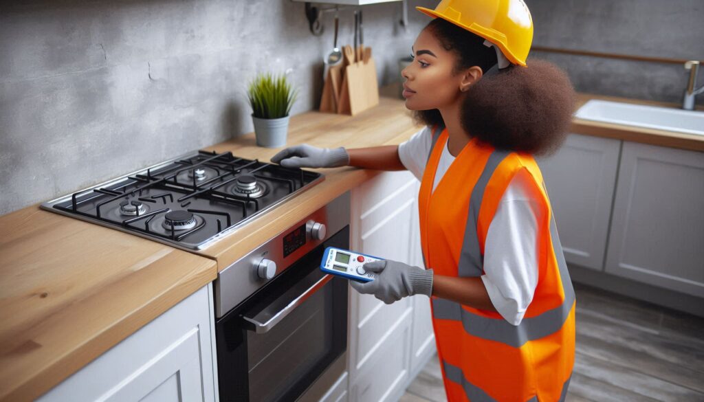 Engineer inspecting kitchen layout compliance in a London home