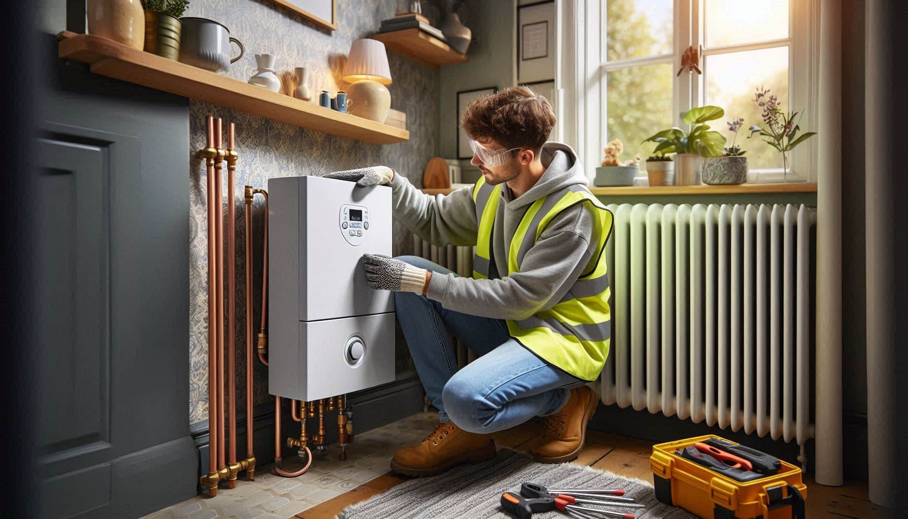 engineer performing annual heating inspection during boiler service breakdown in a London home