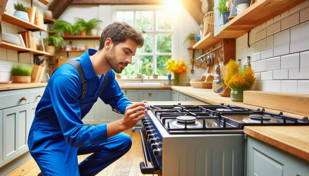 Close-up of faulty gas hose showing gas cooker leak signs during an appliance safety check.