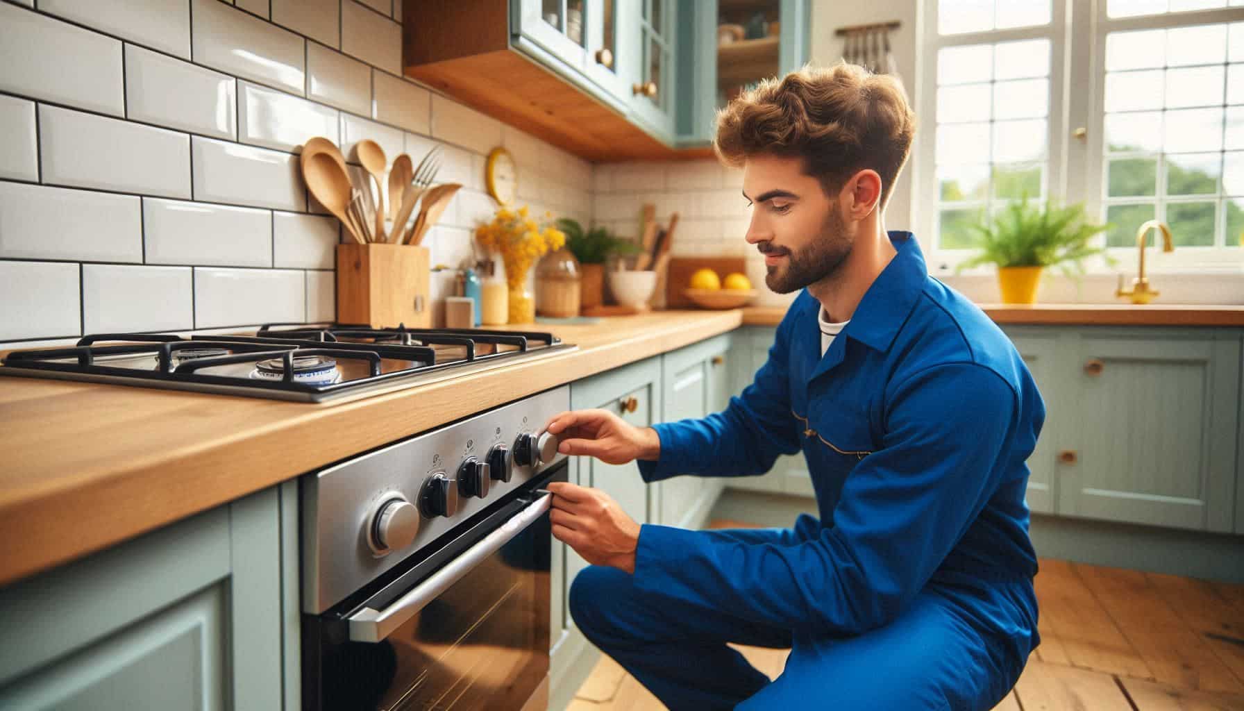 Engineer performing appliance safety check to identify gas cooker leak signs in a London kitchen.